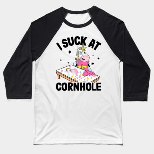 I Suck At Cornhole Loser Funny Sarcastic Joke Pink Unicorn Baseball T-Shirt